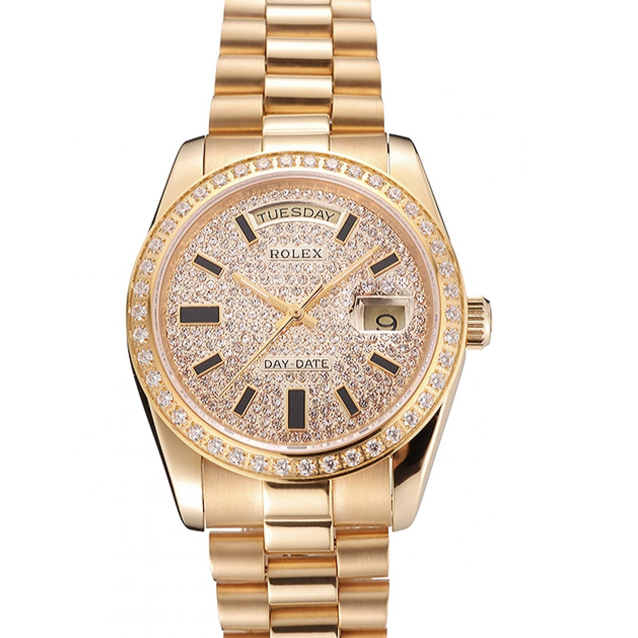 Aaa replica watch Dial Pave Bezel Date And Rolex Gold And Day Bracelet Swiss Case Diamond 0724